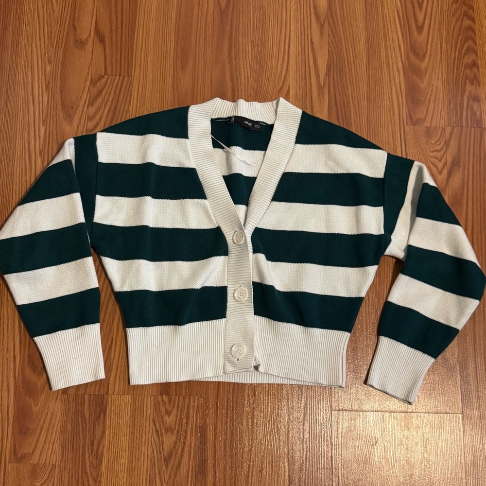 Mango Striped Green and White Women's Cropped Sweater Cardigan Preppy Size Xs